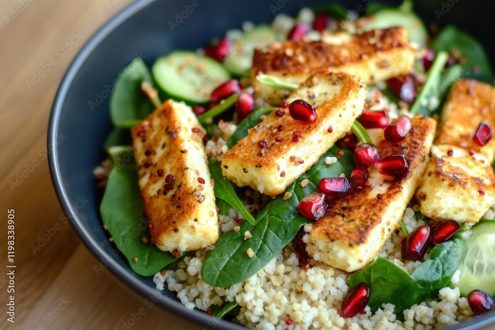 Nutritious salad of halloumi couscous cucumber spinach and pomegranate hummus