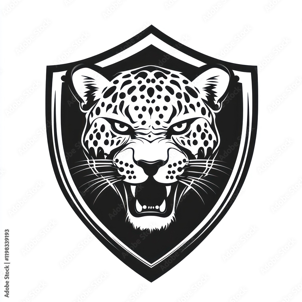 Leopard head in shield graphic, white background, possible logo