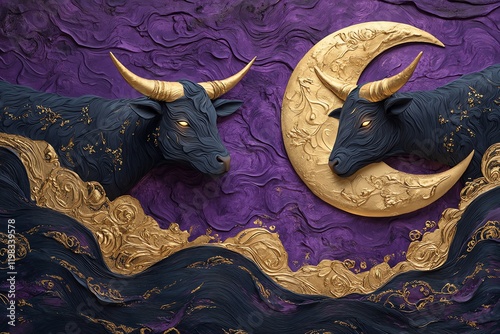 Mystical Taurus: Golden Moon, Dark Bulls, Textured Art