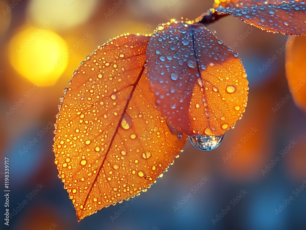 Dew drops on autumn leaves at sunset. Dew drops on autumn leaves at sunset.