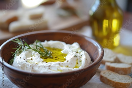 Olive oil drizzled labneh on a table photo