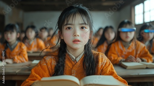 A Girl in an Orange Robe Reads in a Classroom, While Others Wear VR Glasses.