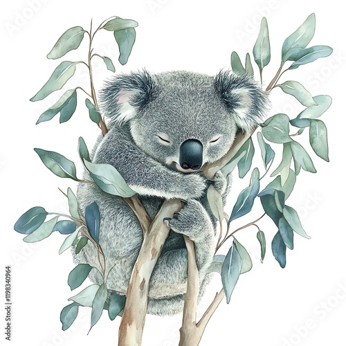 Koala resting on a branch, serene and peaceful. photo