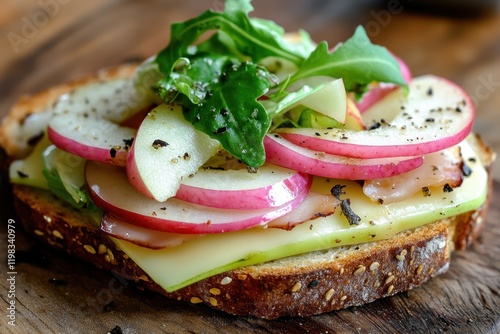 Open sandwich with ham cheese apple pickled onion and salad greens