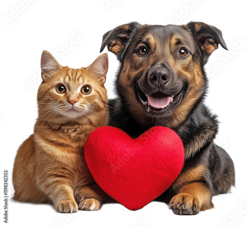 a black and tan dog with a ginger cat holding a red heart, white or transparent background, Valentine theme, suitable for pet-friendly romantic or festive designs photo