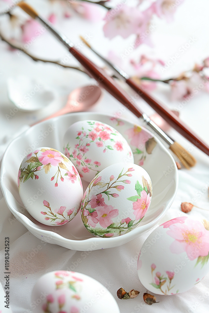 Fototapeta premium Easter eggs decorated with floral motifs lying in white bowl near paintbrushes