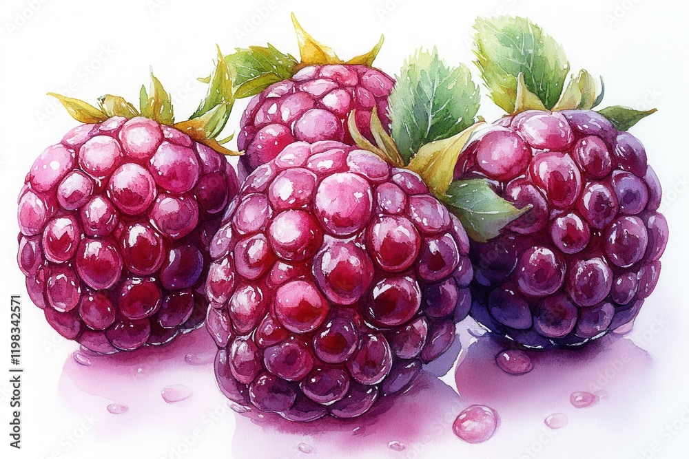 Fototapeta premium A close-up of fresh, glistening raspberries with green leaves.
