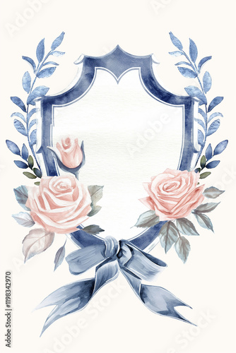 Watercolor blue shield with roses, leaves, and ribbon
