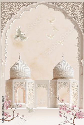 White doves flying over ornate marble palace with pink flowers
