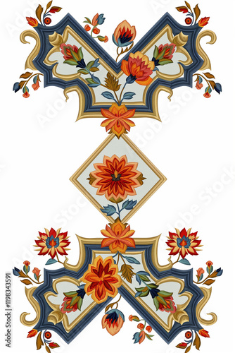Elegant floral damask pattern embroidered with colorful flowers and golden frame