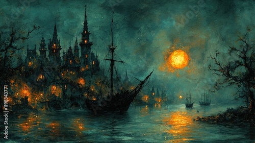 Dark Castle Harbor Nocturne With Ships And Orange Moon