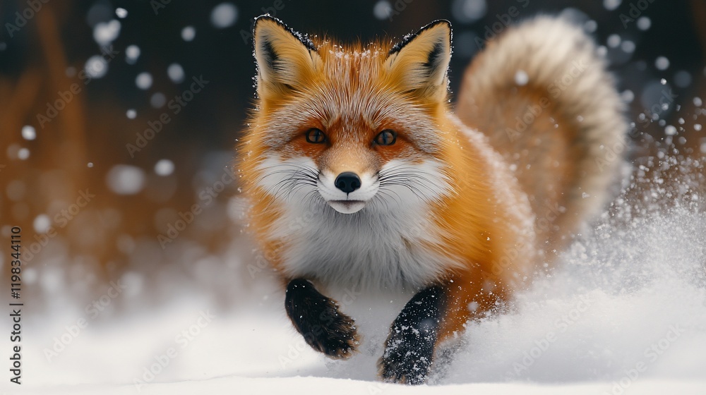 Obraz premium Red fox running through snowy forest. Winter wildlife scene