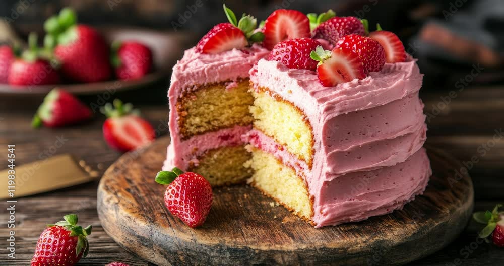 A pink strawberry cake with fresh strawberries. Strawberry cream puff cake. Delicate pink strawberry cake. Beautifully crafted strawberry shortcake with cream. Slice Strawberry cake. Birthday cake