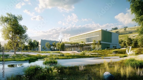 Modern eco-friendly building in scenic landscape.