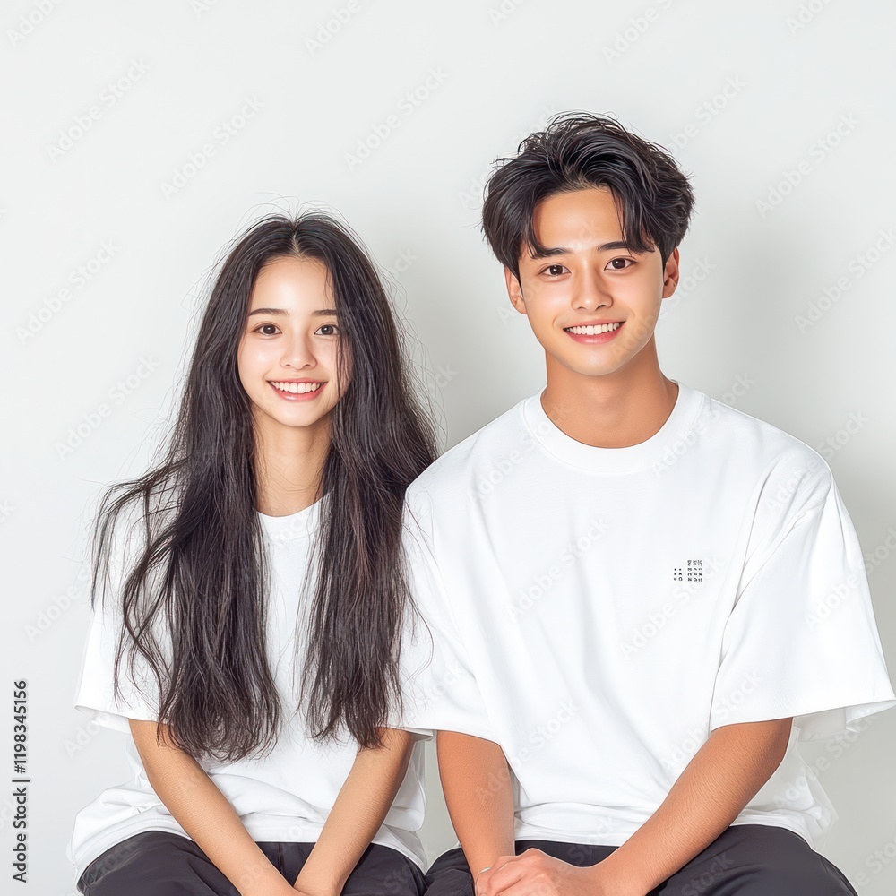Minimalist Young Couple Smiling in White Shirts Minimalist Young Couple Smiling in White Shirts