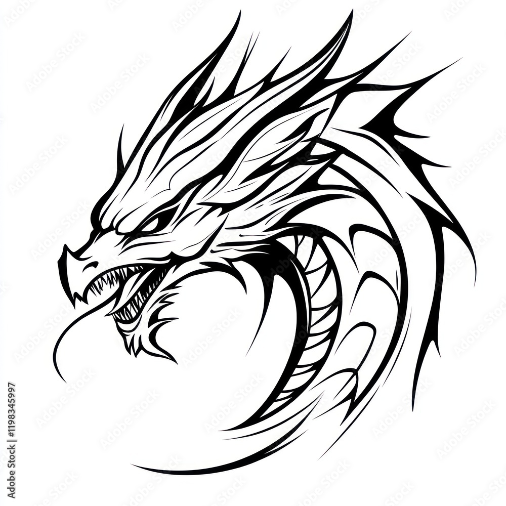 Black and white vector image of a dragon head with open mouth. Tattoo design or graphic use Black and white vector image of a dragon head with open mouth. Tattoo design or graphic use
