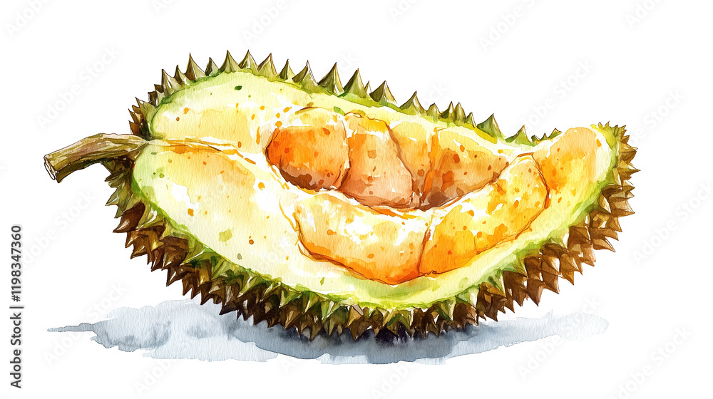 Fototapeta premium watercolor illustration of one single durian isolated on white background