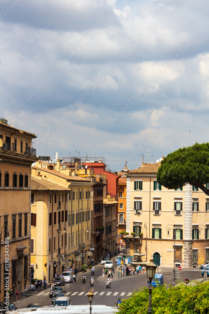 Naklejka premium Scenic Urban View of Historic City Street with Residential Buildings