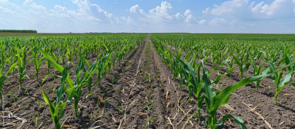 Fototapeta premium Young Corn Plants in a Field with a Blue Sky