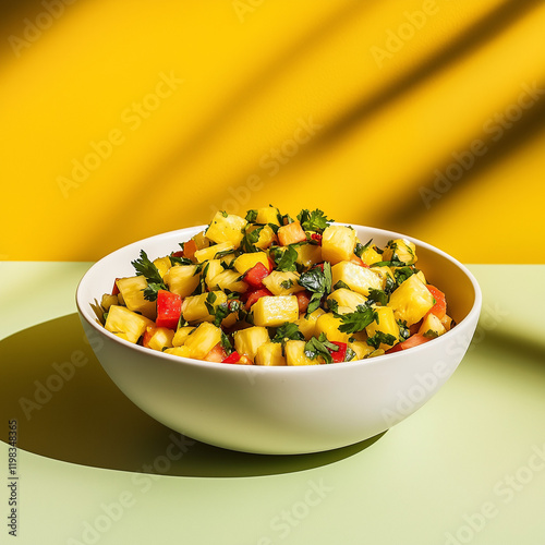 Colorful pineapple salsa in a bowl against bright yellow background