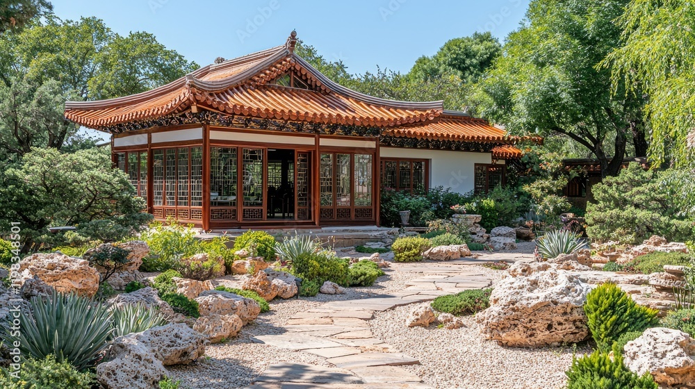 Obraz premium Serene Chinese Garden Pavilion Amidst Lush Greenery