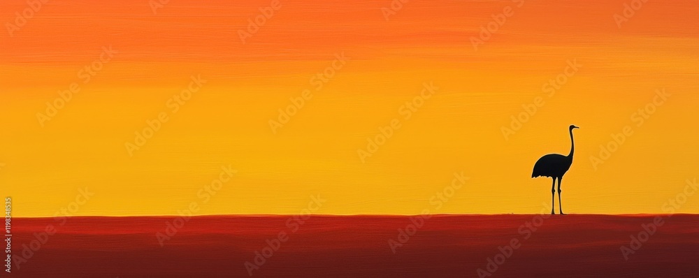 Naklejka premium A lone bird silhouetted against a vibrant sunset horizon.