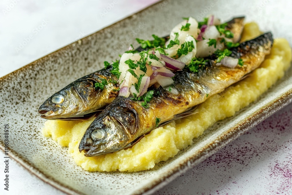 Sardines in saor with onions and white polenta on a rectangular dish Sardines in saor with onions and white polenta on a rectangular dish