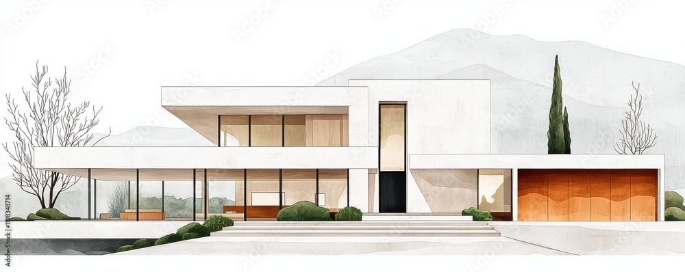 A modern minimalist house design with large windows and greenery. A modern minimalist house design with large windows and greenery.