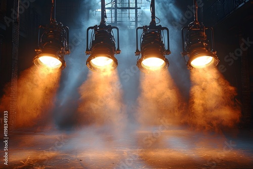 A brightly lit stage with a spotlight, set in a dark interior of a lively bar or club with neon lights, city atmosphere, and festive decorations