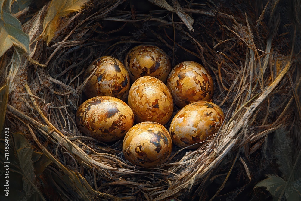 Obraz premium Six turkey eggs in the nest await maternal incubation the species is Meleagris gallopavo