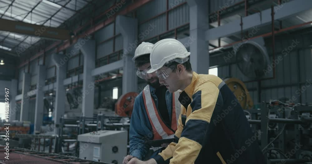 Metal sheet workers inspecting blueprint in factory setting. Collaborating on project planning and precision engineering, surrounded by machinery and equipment essential for manufacturing process.
Metal sheet workers inspecting blueprint in factory setting. Collaborating on project planning and precision engineering, surrounded by machinery and equipment essential for manufacturing process.