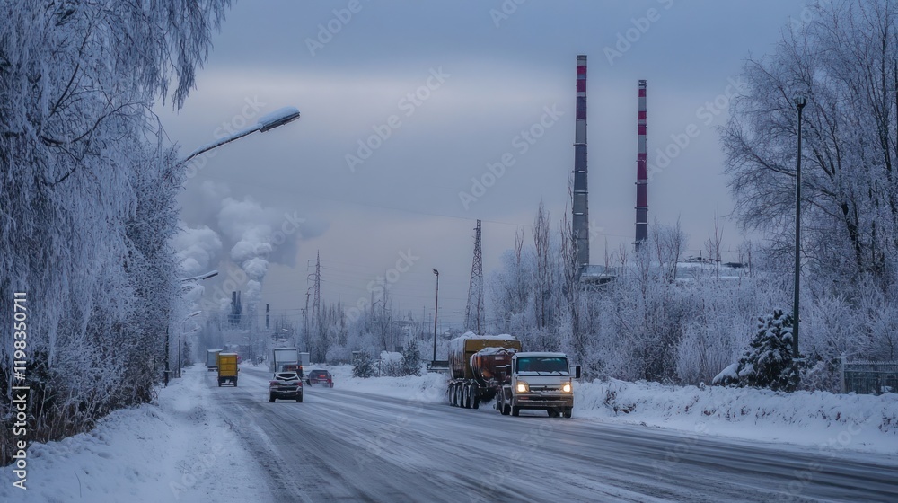 Snowy Industrial Landscape: Winter Road Scene with Trucks and Factory Chimneys Snowy Industrial Landscape: Winter Road Scene with Trucks and Factory Chimneys