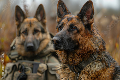 two German shepherds in working gear. One dog is in the foreground and looks into the distance, its fur damp from the rain.  photo