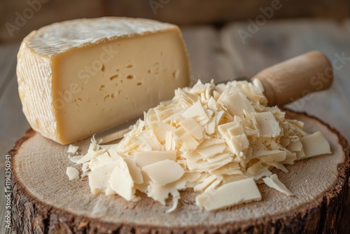 Sliced shavings of Swiss Tête de Moine on a circular wood board with a girolle for tasting Vertical image photo