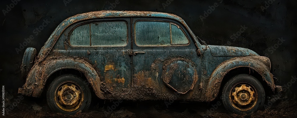 Fototapeta premium An old, rusty car parked against a dark background.