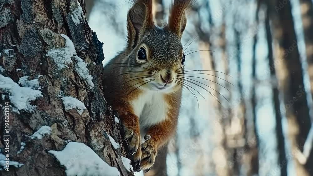 Squirrel climbs tree amid winter landscape with snow-covered forest backdrop in bright daylight Squirrel climbs tree amid winter landscape with snow-covered forest backdrop in bright daylight