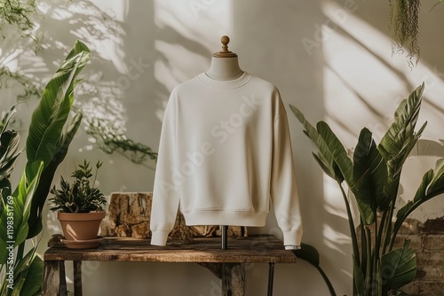 Cream-Colored Sweatshirt on Wooden Table with Lush Greenery, Stylish Minimalist Fashion Photography