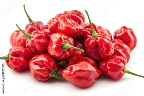 Solo image of a red habanero pepper on a white backdrop