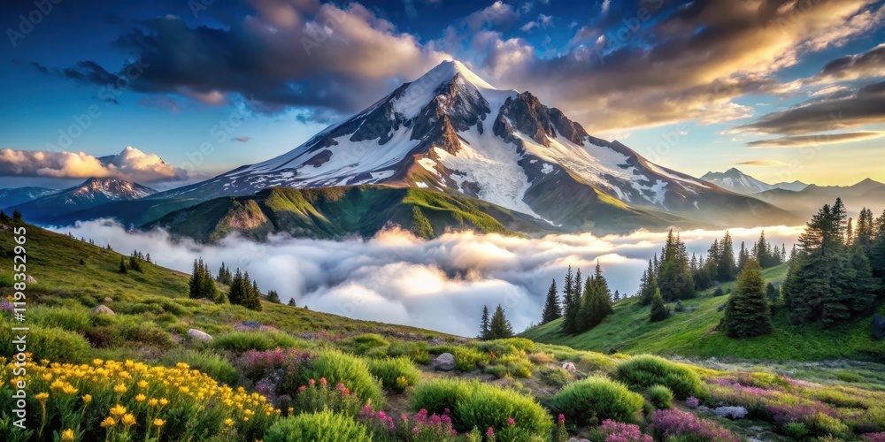 Obraz premium Majestic Mountain Peak at Sunrise, Overlooking a Valley Filled with Clouds and Wildflowers