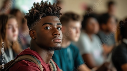A high school classroom filled with students attentively listening to the teacher.