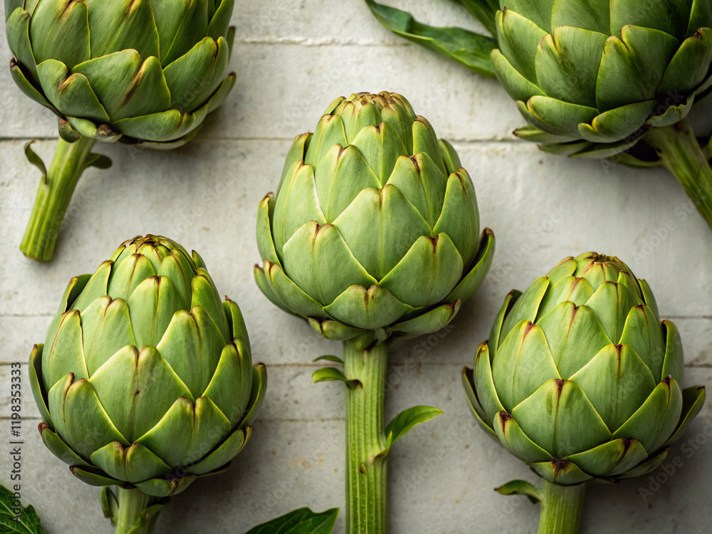 Fototapeta premium artichokes on a wooden table. artichoke, food, vegetable, green, healthy, fresh, isolated, artichokes, organic, plant, diet, white, raw, vegetarian, vegetables, flower, market, cook, eat, nutrition, a