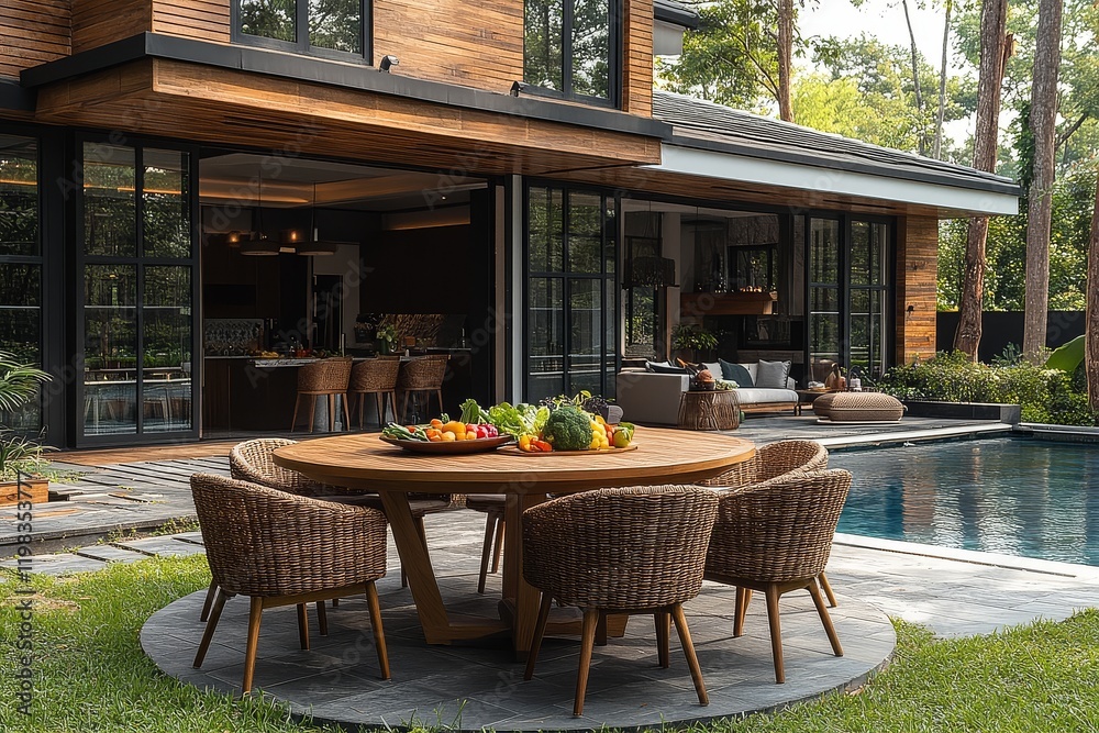 Fototapeta premium Round teak dining table with six chairs, fresh salad, and modern garden furniture by the pool on a summer day.