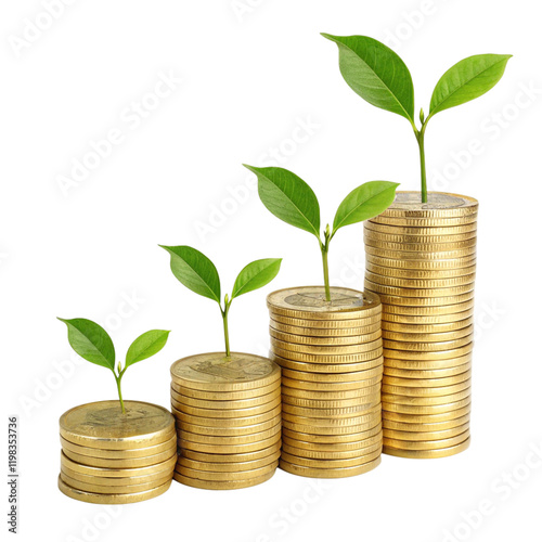 A coin pile with a plant symbolizing financial growth on a transparent background