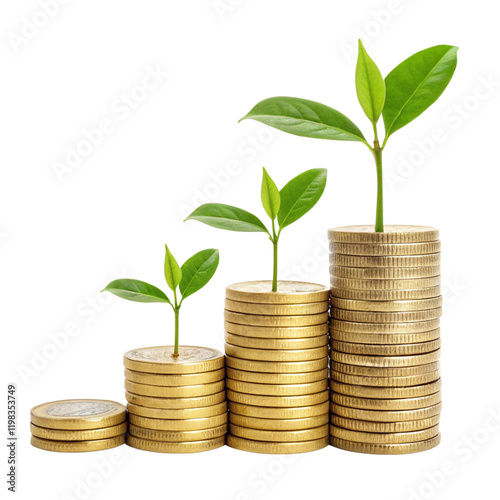 A coin pile with a plant symbolizing financial growth on a transparent background