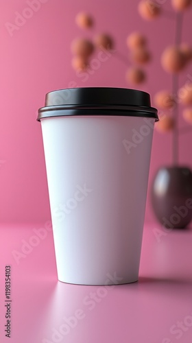 Cup of coffee placed on a pink background with soft lighting and shadows creating a calming atmosphere