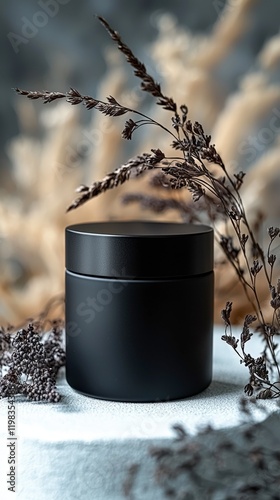 Black container featuring a small green plant isolated on white background for home decor and gardening