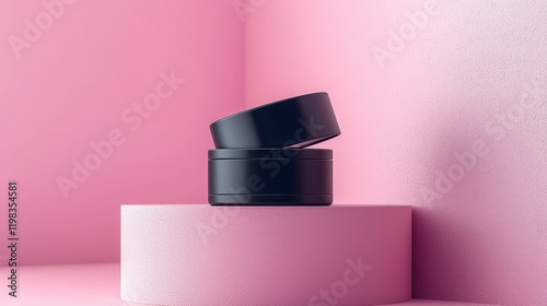 Black container placed on a pink surface creating a minimalist aesthetic composition