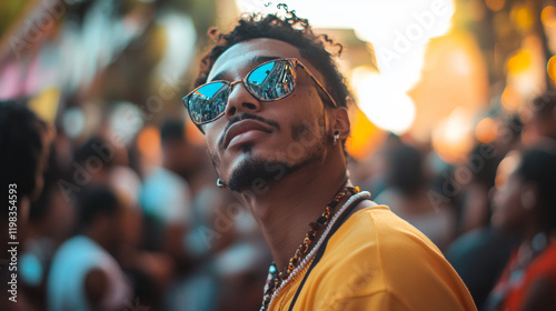 man wearing mirrored suglasses looking up photo