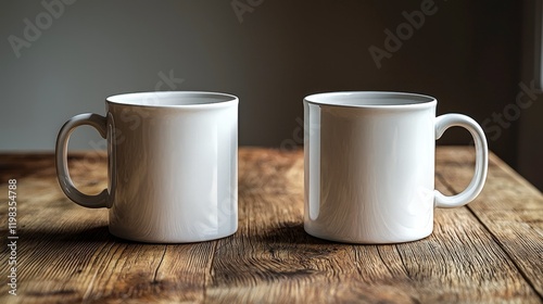 Two white ceramic mugs placed on a rustic wooden table in a cozy setting
