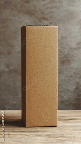 Brown cardboard box placed on a rustic wooden table surface in natural lighting